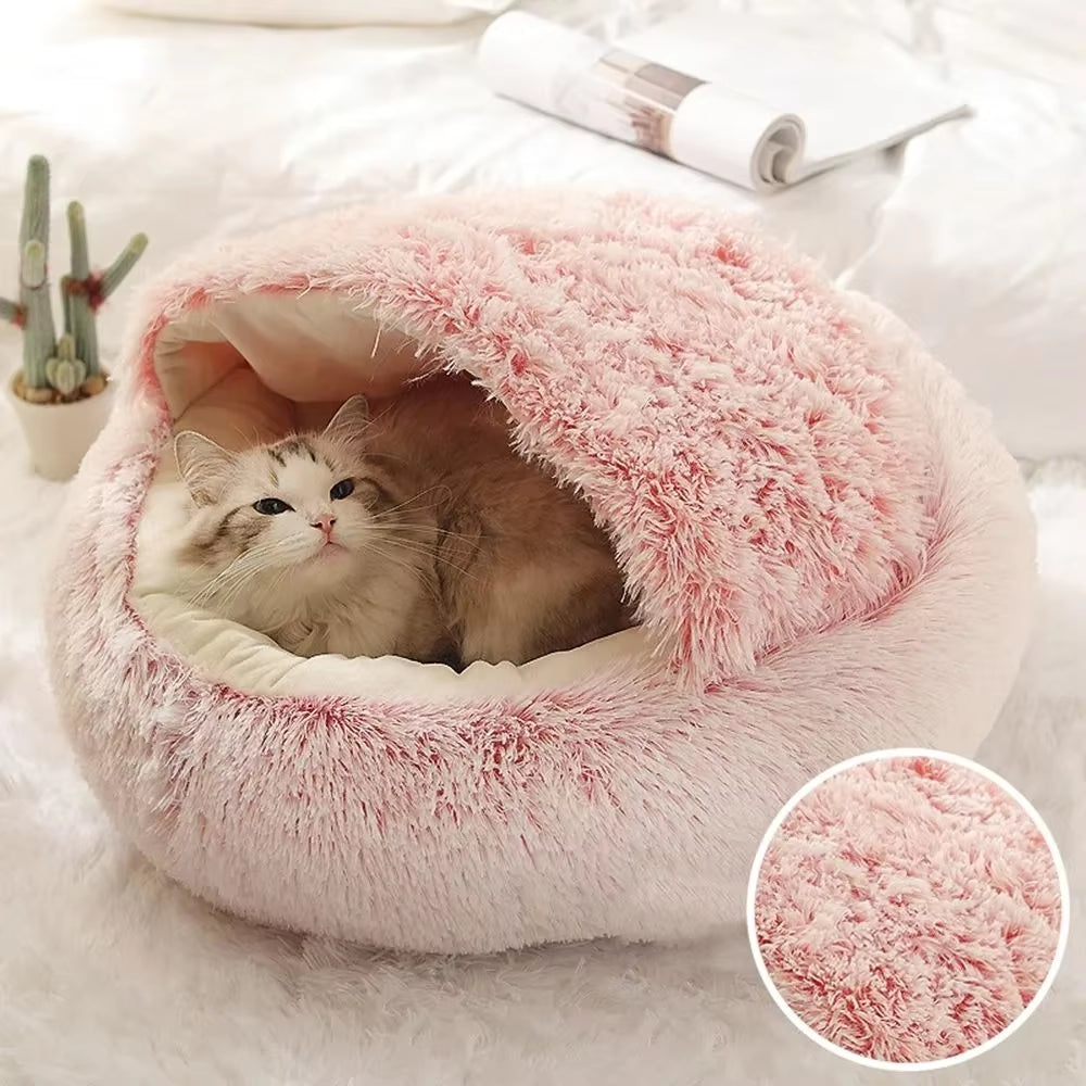 Soft Warm Long Plush Pet Bed Enclosed round Cat Cushion Comfortable Sleep Bag Cat Nest Kennel for Small Pet Cat Nest