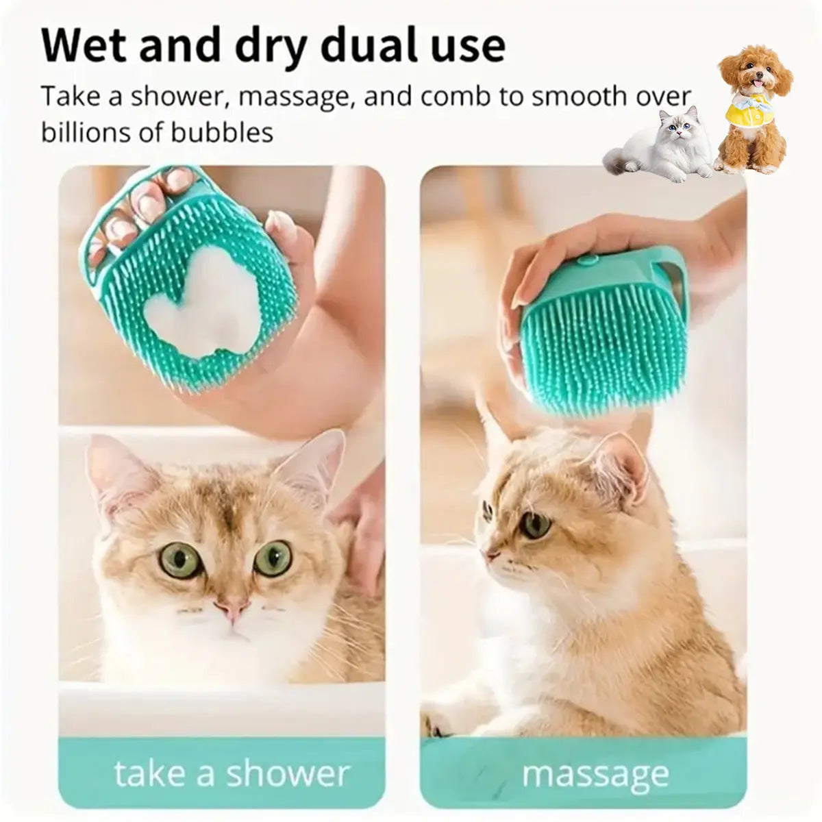 Pet Grooming Brush with Shampoo Dispenser Soft Silicone Dog Bath Brush for Short Hair Dogs & Cats Deshedding Massage Tool Non Slip Hand Grip 80Ml Capacity Kit with Bath Brush and Towel