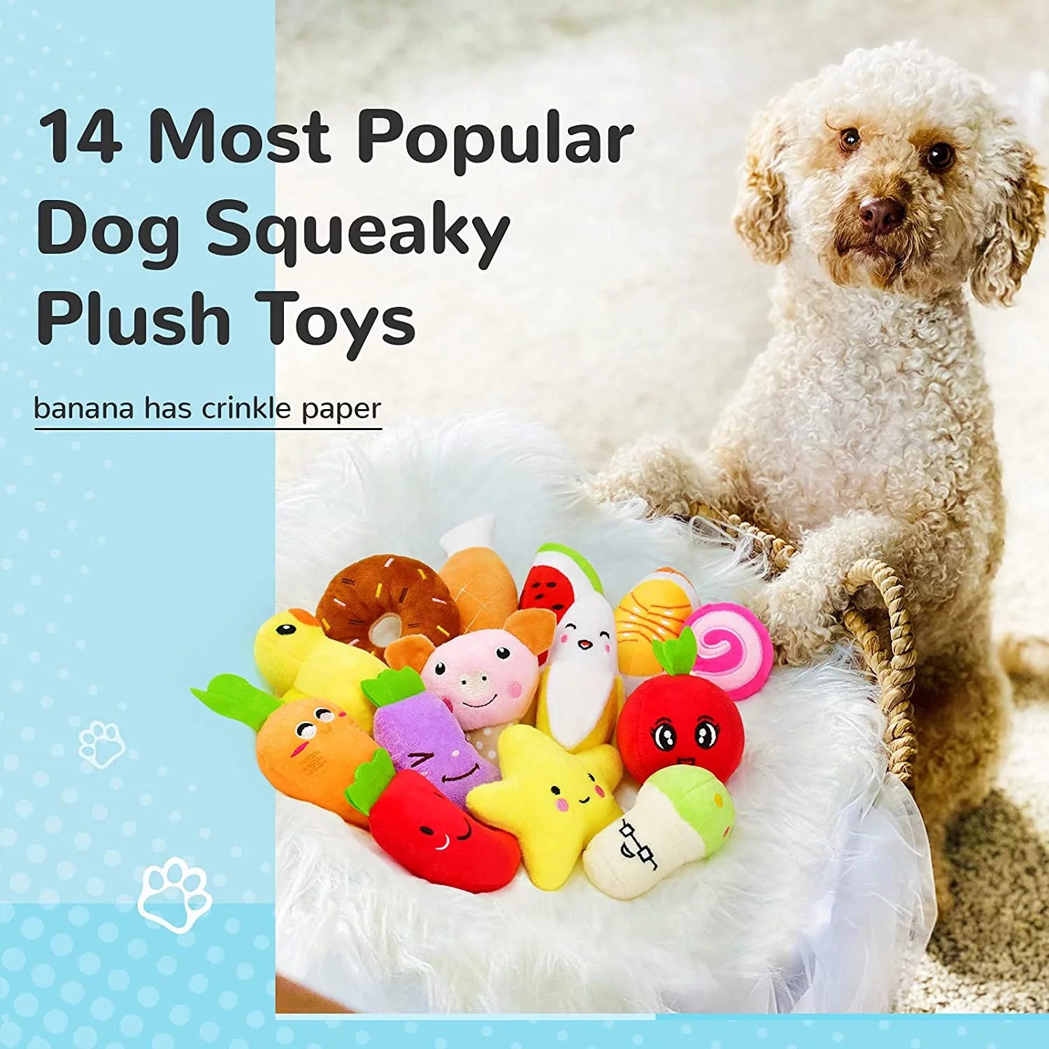 14 Pack Dog Squeaky Toys Cute Stuffed Plush Fruits Snacks and Vegetables 
