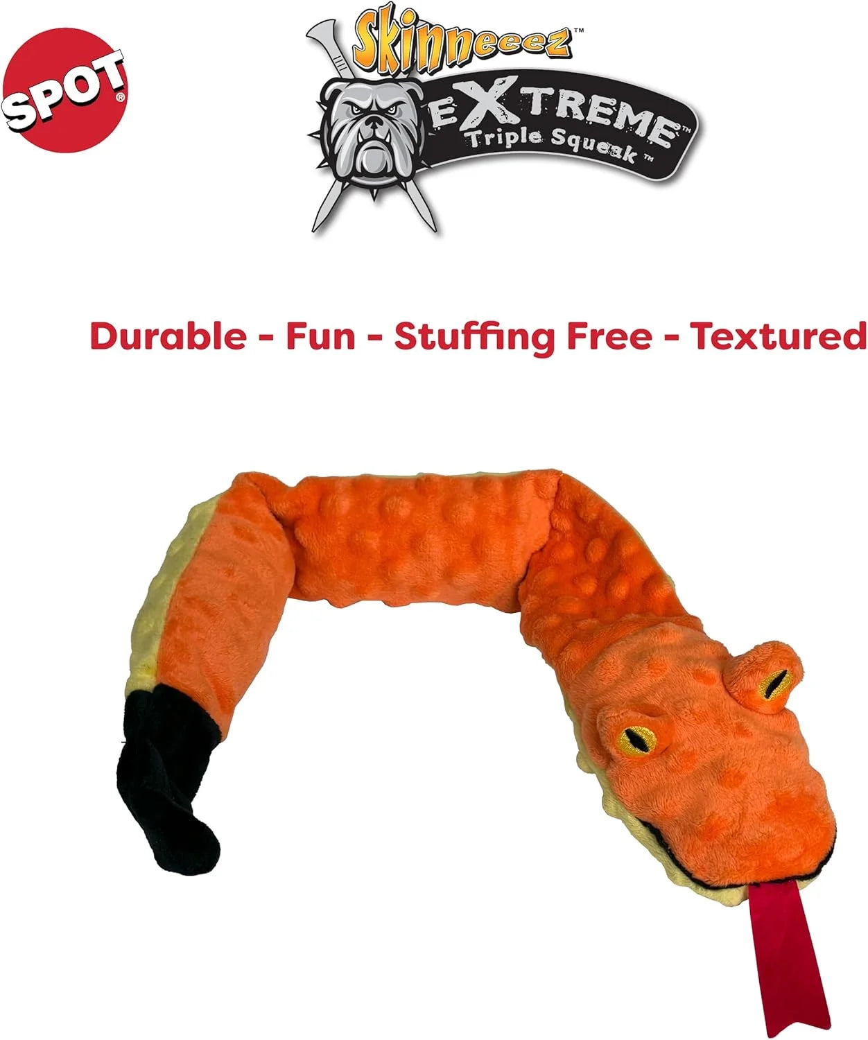 Skinneeez Extreme 24 Inch Stuffing-Free Durable Snake Dog Toy with Three Jumbo Squeakers