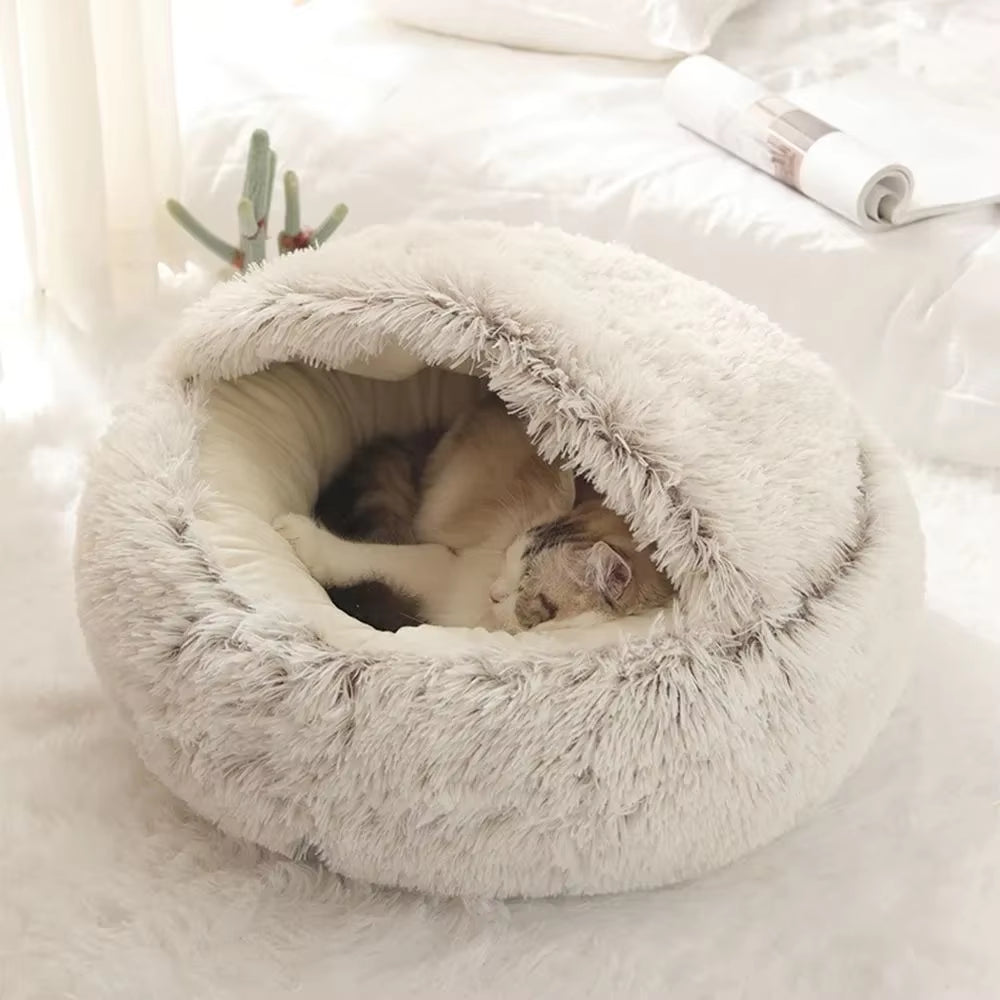 Soft Warm Long Plush Pet Bed Enclosed round Cat Cushion Comfortable Sleep Bag Cat Nest Kennel for Small Pet Cat Nest