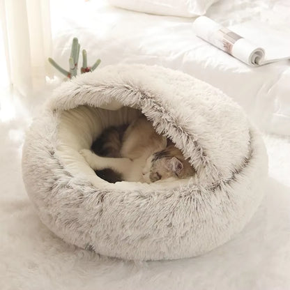 Soft Warm Long Plush Pet Bed Enclosed round Cat Cushion Comfortable Sleep Bag Cat Nest Kennel for Small Pet Cat Nest