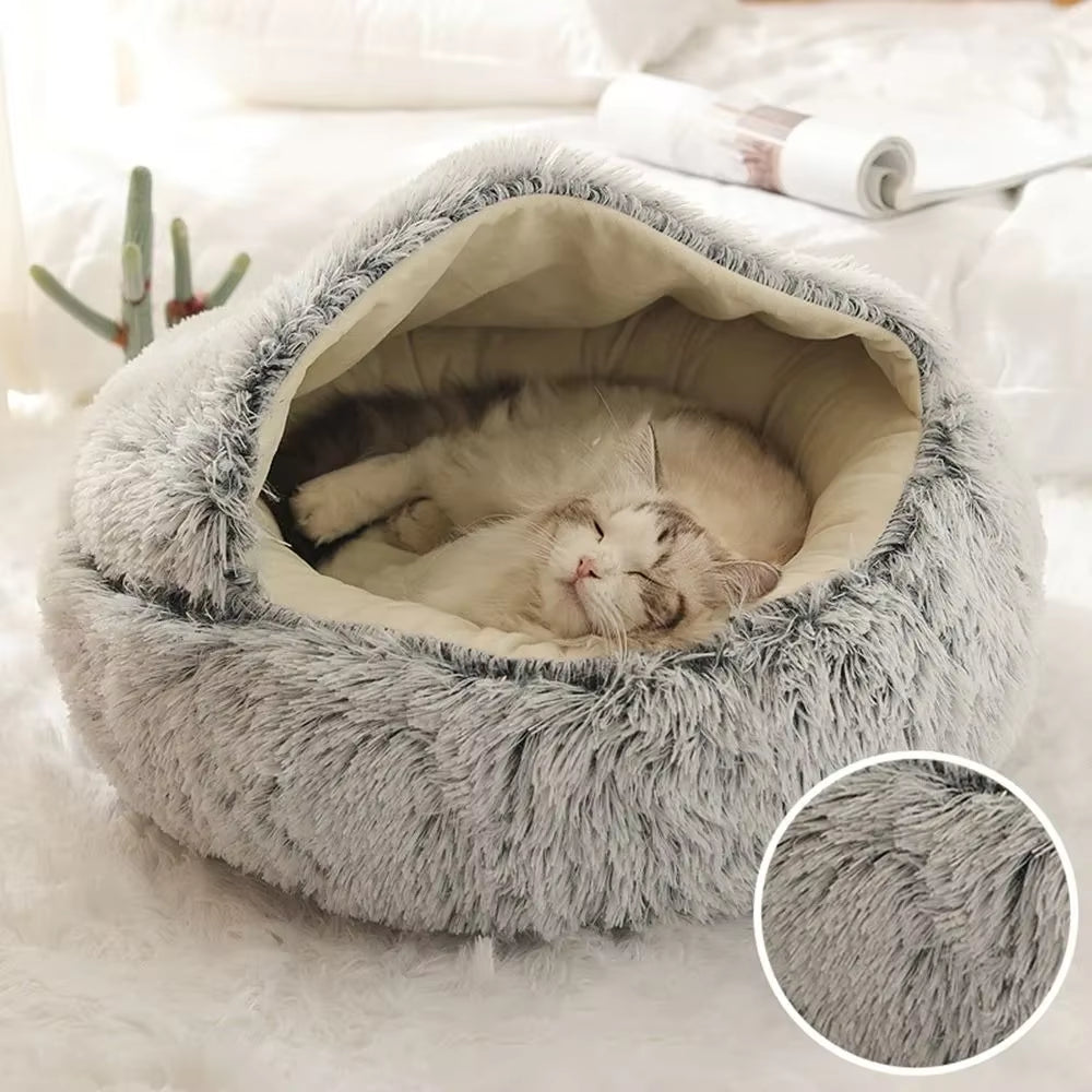 Soft Warm Long Plush Pet Bed Enclosed round Cat Cushion Comfortable Sleep Bag Cat Nest Kennel for Small Pet Cat Nest