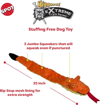 Skinneeez Extreme 24 Inch Stuffing-Free Durable Snake Dog Toy with Three Jumbo Squeakers