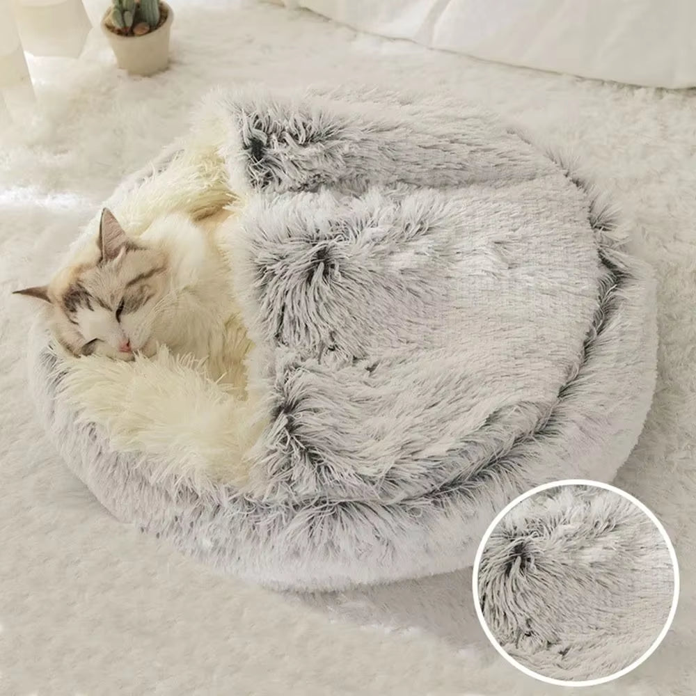 Soft Warm Long Plush Pet Bed Enclosed round Cat Cushion Comfortable Sleep Bag Cat Nest Kennel for Small Pet Cat Nest