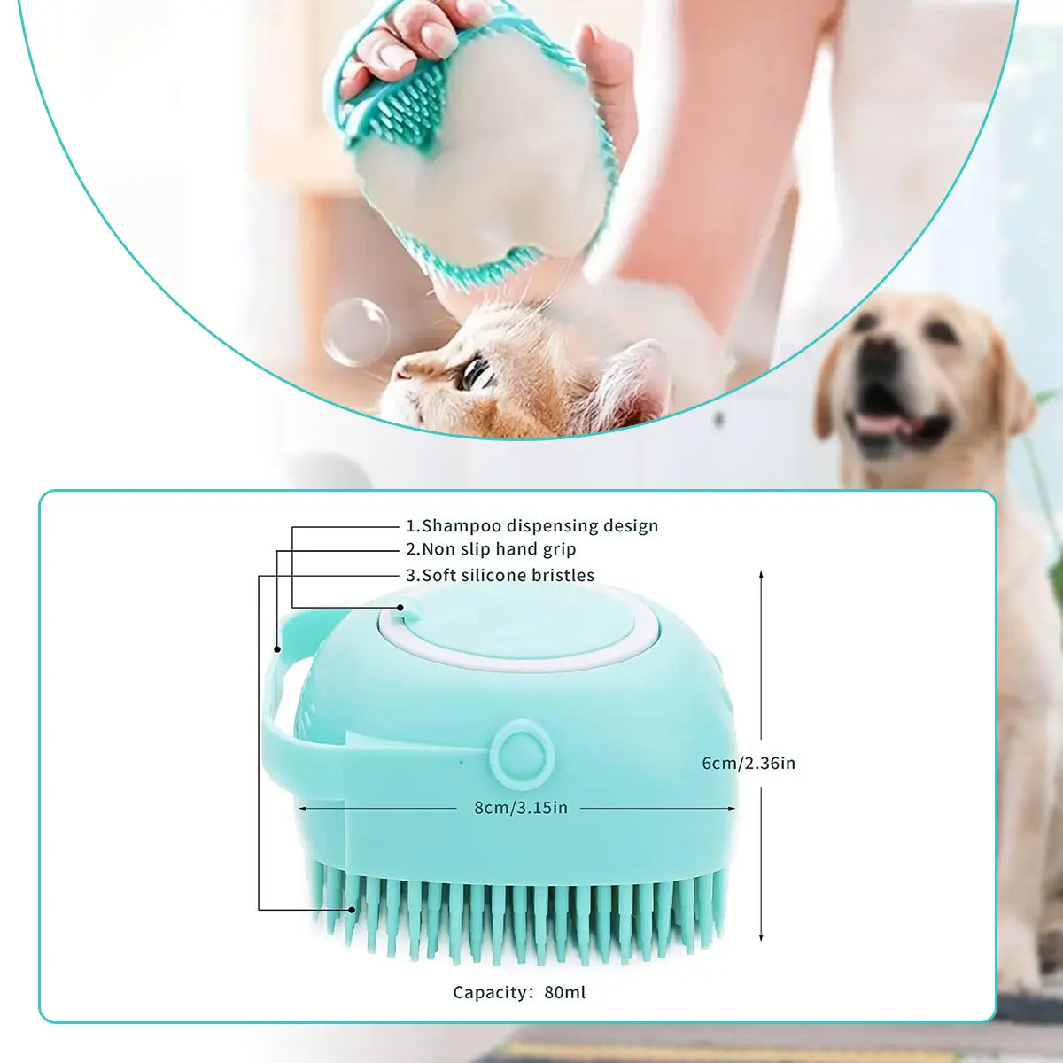 Pet Grooming Brush with Shampoo Dispenser Soft Silicone Dog Bath Brush for Short Hair Dogs & Cats Deshedding Massage Tool Non Slip Hand Grip 80Ml Capacity Kit with Bath Brush and Towel