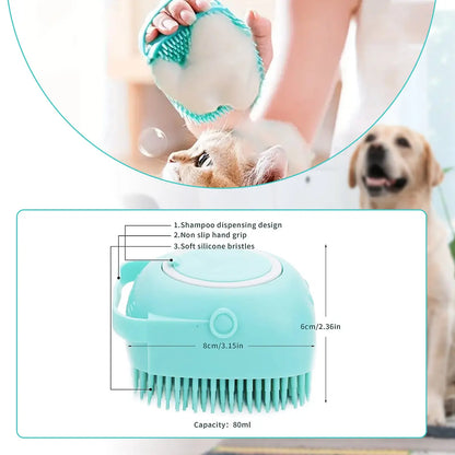 Pet Grooming Brush with Shampoo Dispenser Soft Silicone Dog Bath Brush for Short Hair Dogs & Cats Deshedding Massage Tool Non Slip Hand Grip 80Ml Capacity Kit with Bath Brush and Towel
