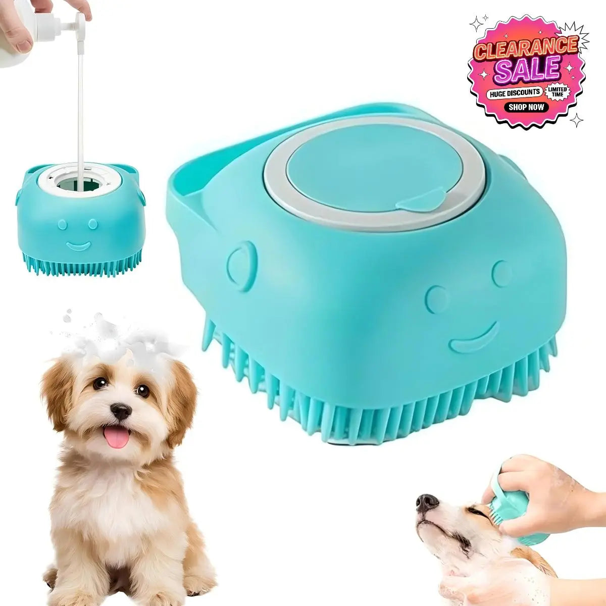 Pet Grooming Brush with Shampoo Dispenser Soft Silicone Dog Bath Brush for Short Hair Dogs & Cats Deshedding Massage Tool Non Slip Hand Grip 80Ml Capacity Kit with Bath Brush and Towel