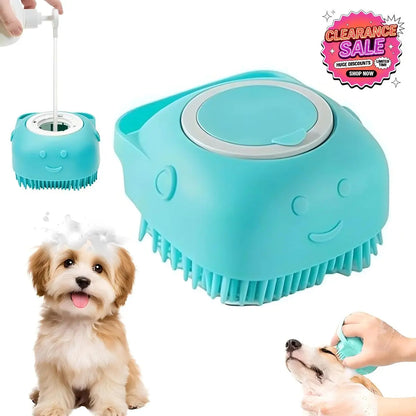 Pet Grooming Brush with Shampoo Dispenser Soft Silicone Dog Bath Brush for Short Hair Dogs & Cats Deshedding Massage Tool Non Slip Hand Grip 80Ml Capacity Kit with Bath Brush and Towel