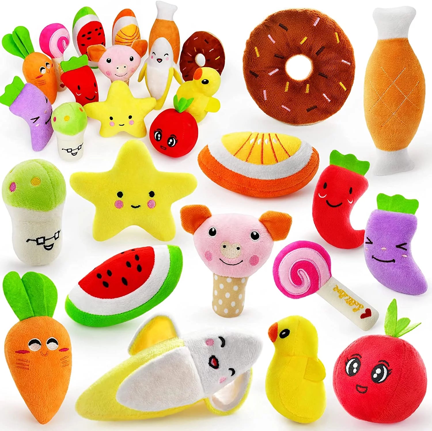 14 Pack Dog Squeaky Toys Cute Stuffed Plush Fruits Snacks and Vegetables 