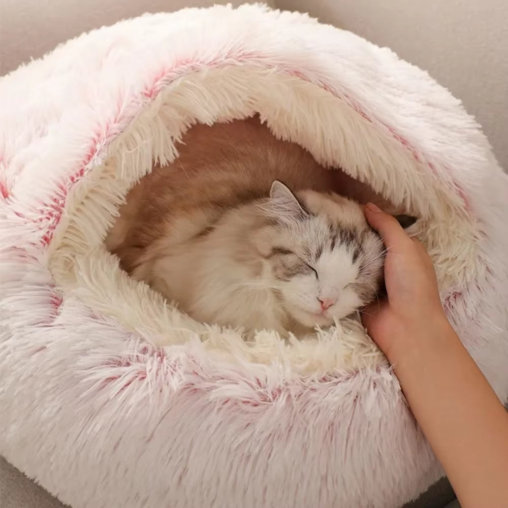 Soft Warm Long Plush Pet Bed Enclosed round Cat Cushion Comfortable Sleep Bag Cat Nest Kennel for Small Pet Cat Nest
