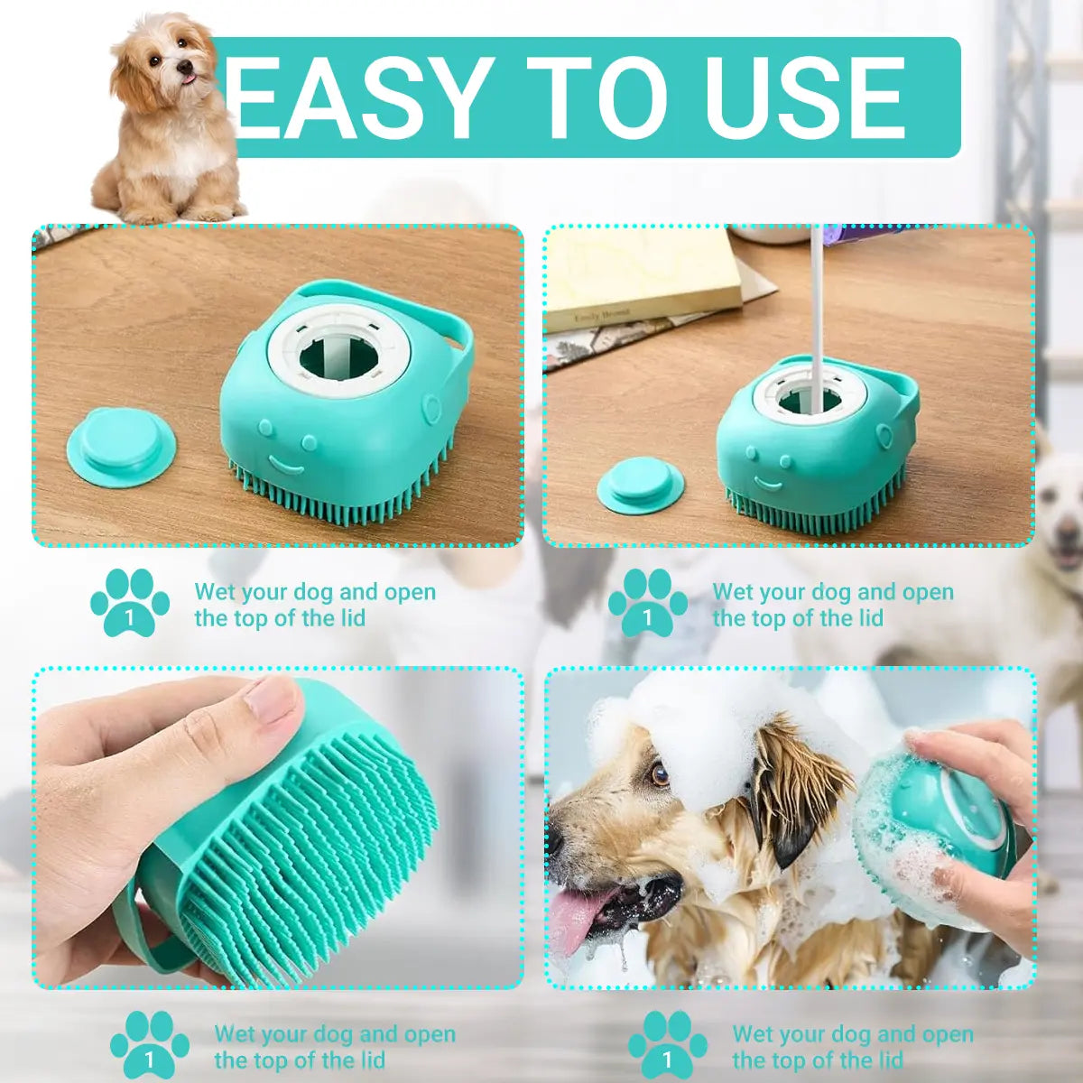 Pet Grooming Brush with Shampoo Dispenser Soft Silicone Dog Bath Brush for Short Hair Dogs & Cats Deshedding Massage Tool Non Slip Hand Grip 80Ml Capacity Kit with Bath Brush and Towel