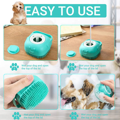 Pet Grooming Brush with Shampoo Dispenser Soft Silicone Dog Bath Brush for Short Hair Dogs & Cats Deshedding Massage Tool Non Slip Hand Grip 80Ml Capacity Kit with Bath Brush and Towel