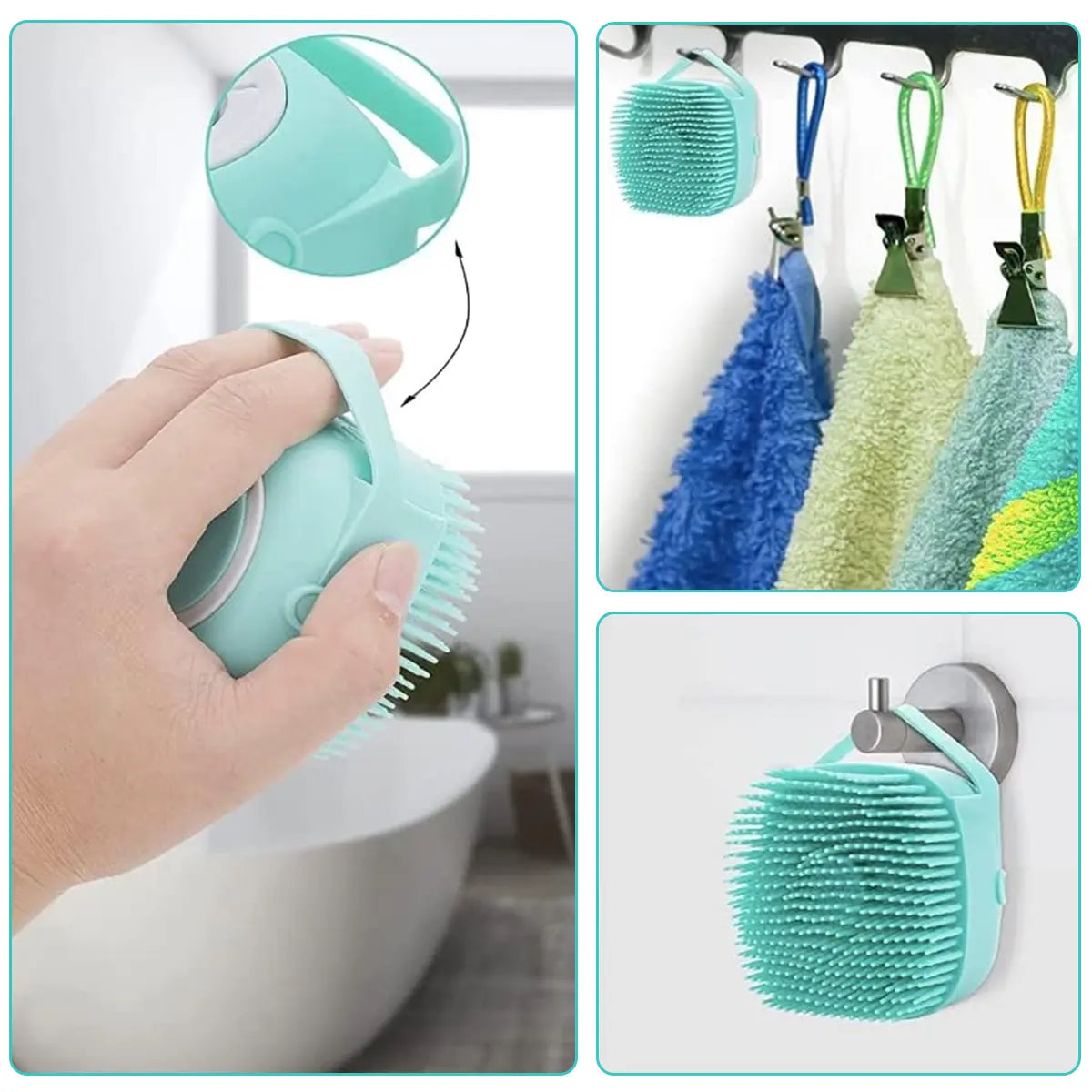 Pet Grooming Brush with Shampoo Dispenser Soft Silicone Dog Bath Brush for Short Hair Dogs & Cats Deshedding Massage Tool Non Slip Hand Grip 80Ml Capacity Kit with Bath Brush and Towel