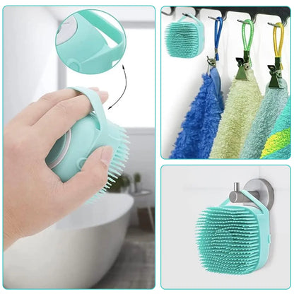 Pet Grooming Brush with Shampoo Dispenser Soft Silicone Dog Bath Brush for Short Hair Dogs & Cats Deshedding Massage Tool Non Slip Hand Grip 80Ml Capacity Kit with Bath Brush and Towel