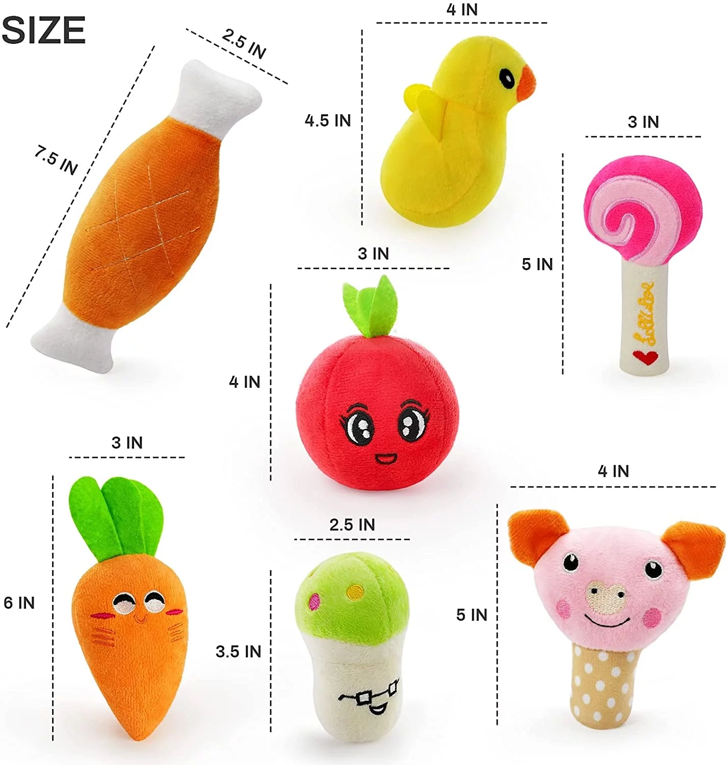14 Pack Dog Squeaky Toys Cute Stuffed Plush Fruits Snacks and Vegetables 