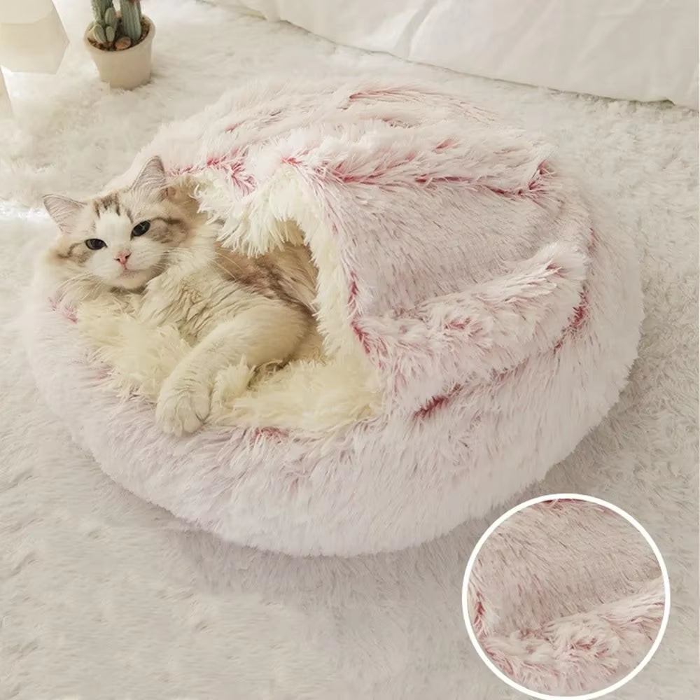 Soft Warm Long Plush Pet Bed Enclosed round Cat Cushion Comfortable Sleep Bag Cat Nest Kennel for Small Pet Cat Nest